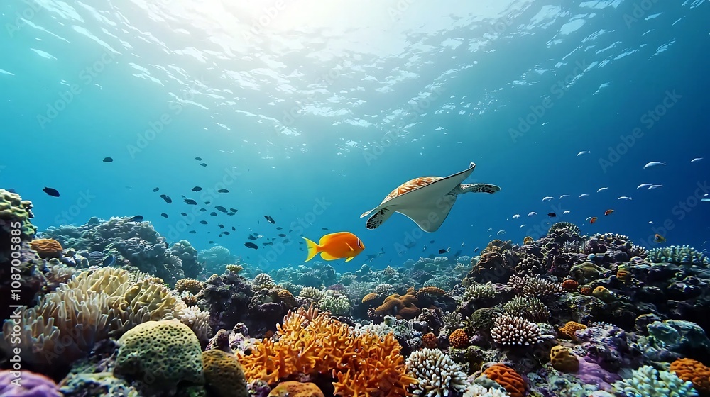 Breathtaking image of a vibrant coral reef filled with a diverse array of rare marine species including fish rays and turtles all captured in a soft Breathtaking image of a vibrant coral reef filled with a diverse array of rare marine species including fish rays and turtles all captured in a soft