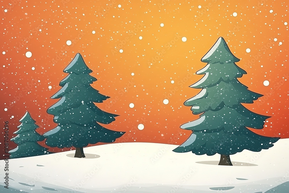 Red background, Christmas trees in the snow with falling snowflakes, vector illustration style, simple and cute design, simple background Red background, Christmas trees in the snow with falling snowflakes, vector illustration style, simple and cute design, simple background