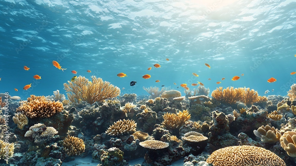 Obraz premium Stunning image of a healthy vibrant coral reef ecosystem thriving with an abundance of colorful marine life captured in the soft ethereal light of the underwater environment