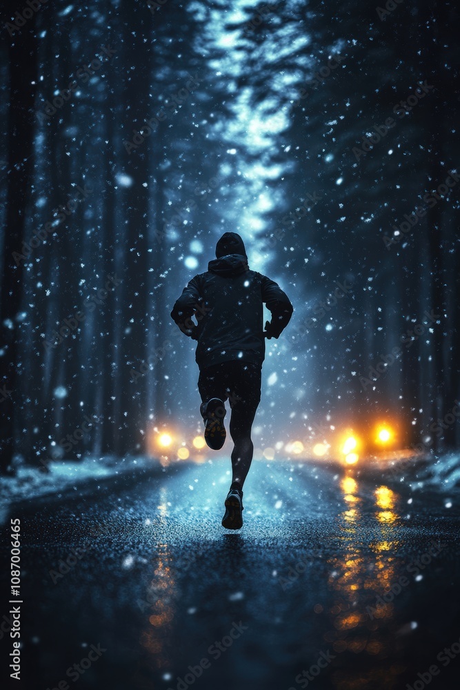 Man running on a snowy road at night with glowing streetlights Man running on a snowy road at night with glowing streetlights