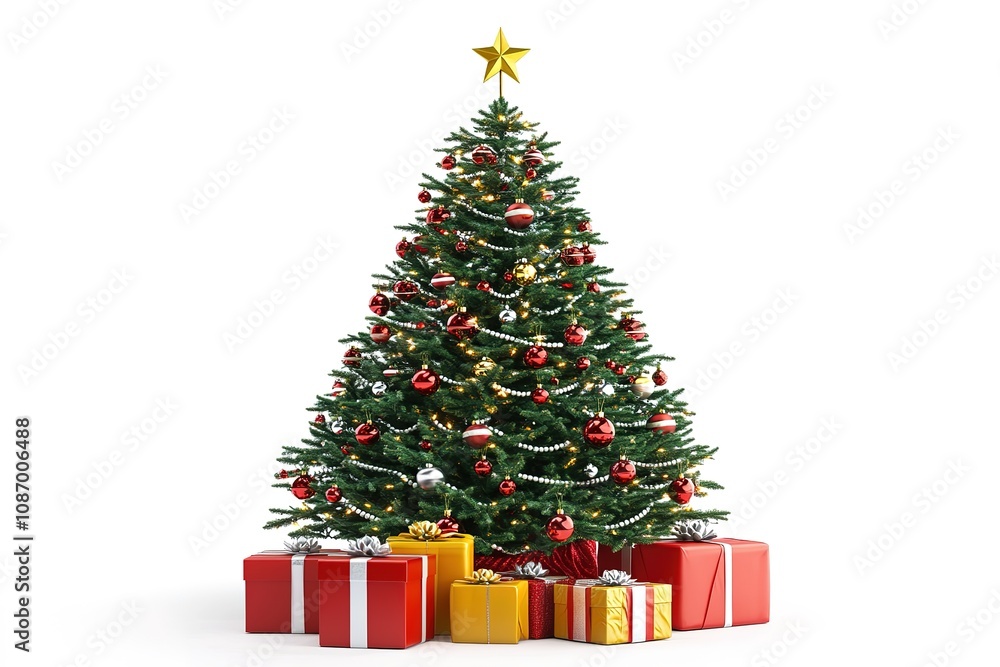 Christmas tree with gifts, red and yellow colors on white background Christmas tree with gifts, red and yellow colors on white background