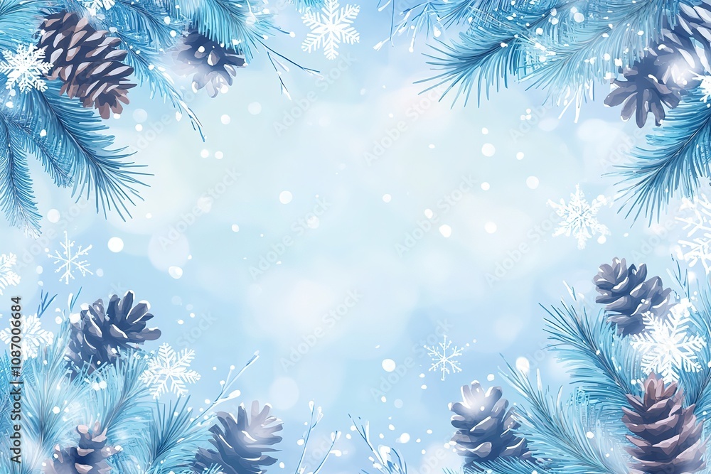 A light blue, frozen frame with white snow, pine leaves, and small silver pine cones on the sides A light blue, frozen frame with white snow, pine leaves, and small silver pine cones on the sides