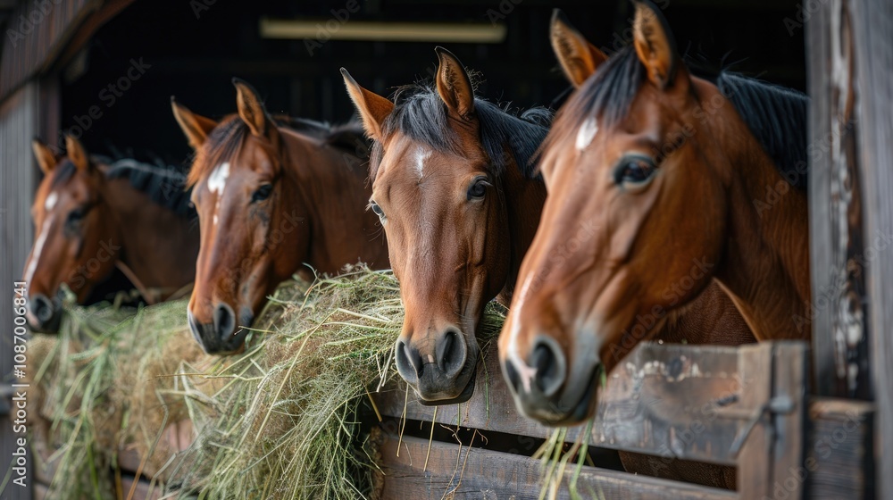 Horses eating hay in a stable. This image is perfect for illustrating articles about horses, stables, or animal care. Horses eating hay in a stable. This image is perfect for illustrating articles about horses, stables, or animal care.