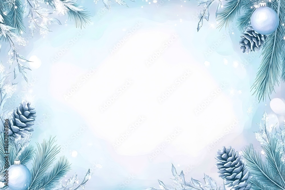 A light blue, frozen frame with white snow, pine leaves, and small silver pine cones on the sides A light blue, frozen frame with white snow, pine leaves, and small silver pine cones on the sides