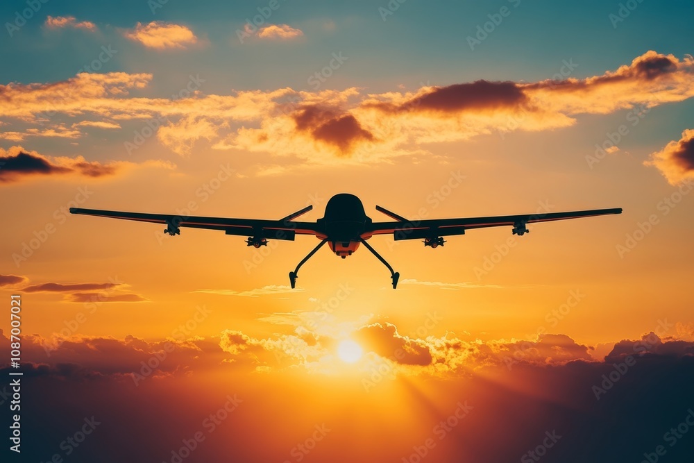 Fototapeta premium Military drone flying in the sky, front view.