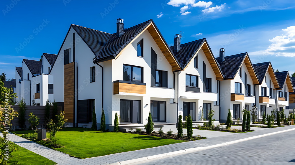 A row of modern townhouses with white walls and gray roofs against the blue sky on a sunny day Generative AI A row of modern townhouses with white walls and gray roofs against the blue sky on a sunny day Generative AI