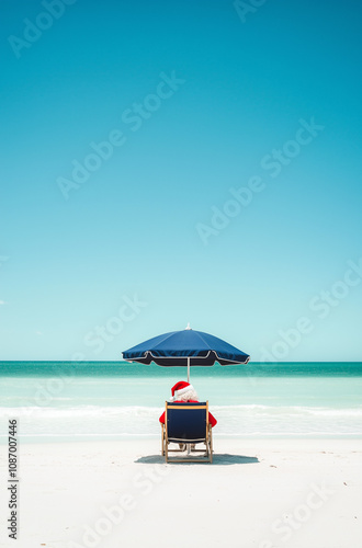 Santa Claus sitting in a beach chair under a navy blue umbrella on the white sand of an empty  beach.Minimal creative Christmas holiday concept.Copy space  photo