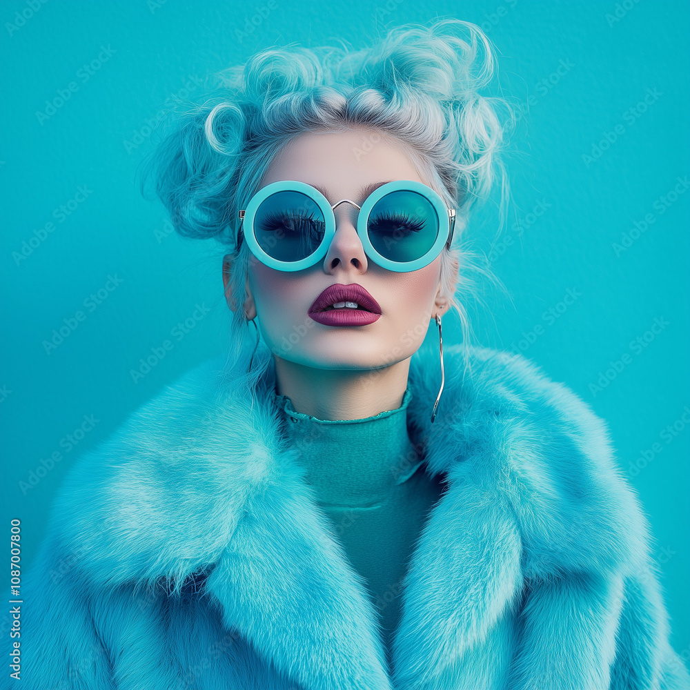 A fashion photograph of an eccentric woman with voluminous hair, wearing blue sunglasses and a teal fur coat, posing in front of a turquoise background. A fashion photograph of an eccentric woman with voluminous hair, wearing blue sunglasses and a teal fur coat, posing in front of a turquoise background.