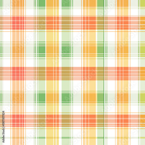  A vector pattern of plaid in pastel shades of orange, green, and yellow on a white background