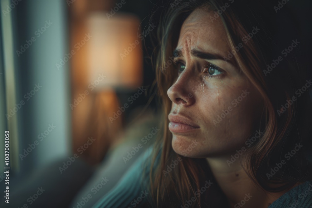Emotional close-up of a woman gazing outside with tears in her eyes, capturing a moment of vulnerability and introspection in a soft, atmospheric setting. Emotional close-up of a woman gazing outside with tears in her eyes, capturing a moment of vulnerability and introspection in a soft, atmospheric setting.
