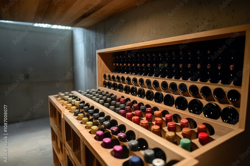 Wine cellar filled with wooden racks. Wine cellar filled with wooden racks.