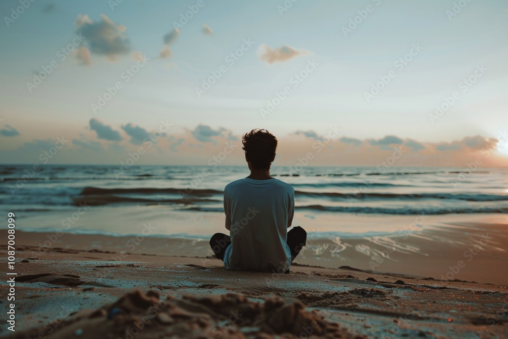 Serene Sunset Reflection: A Person Sitting on the Beach with Wide Angle Perspective Showing Shallow Depth of Field Overlooking the Ocean Waves Serene Sunset Reflection: A Person Sitting on the Beach with Wide Angle Perspective Showing Shallow Depth of Field Overlooking the Ocean Waves