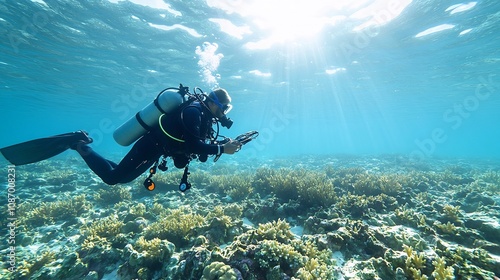 Fototapeta Naklejka Na Ścianę i Meble -  A diver carefully collects scientific data and measurements on the health and condition of a coral reef ecosystem underwater using various scientific instruments and equipment as soft