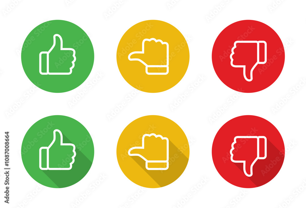 Like, neutral, and dislike thumb line icon with long shadow. Rating, feedback sign symbol Like, neutral, and dislike thumb line icon with long shadow. Rating, feedback sign symbol