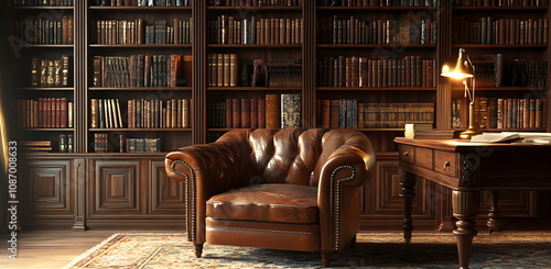 A vintage wooden desk in a study room with a leather chair, bookshelves, and antique decor.