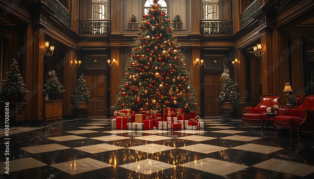 Christmas tree in a room surrounded by presents
Christmas tree in a room surrounded by presents