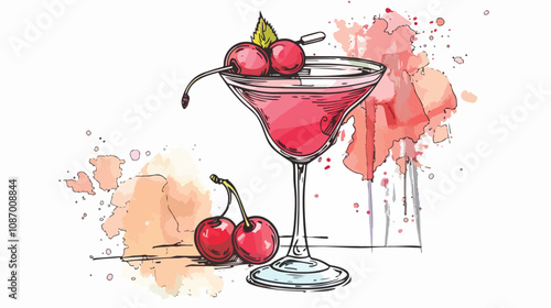 Elegant Cocktail Drink with Cherry Doodle Vector Illustration