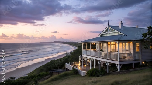 Queenslander style architecture with amazing oceans views at dusk photo