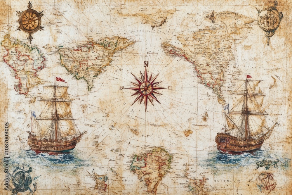 Fototapeta premium Old map with vintage wind rose, routs, nautical symbols.