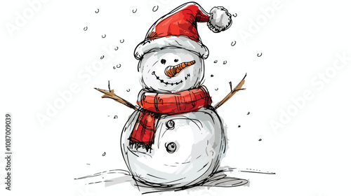 Christmas Snowman Lined Vector Illustration Handdrawn
