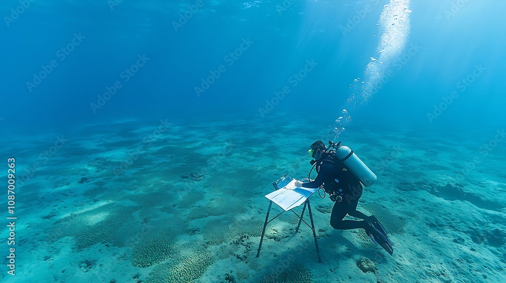 custom made wallpaper toronto digitalA marine biologist scuba diving underwater recording data and observing the growth of coral reefs with soft filtered sunlight gently illuminating the aquatic ecosystem