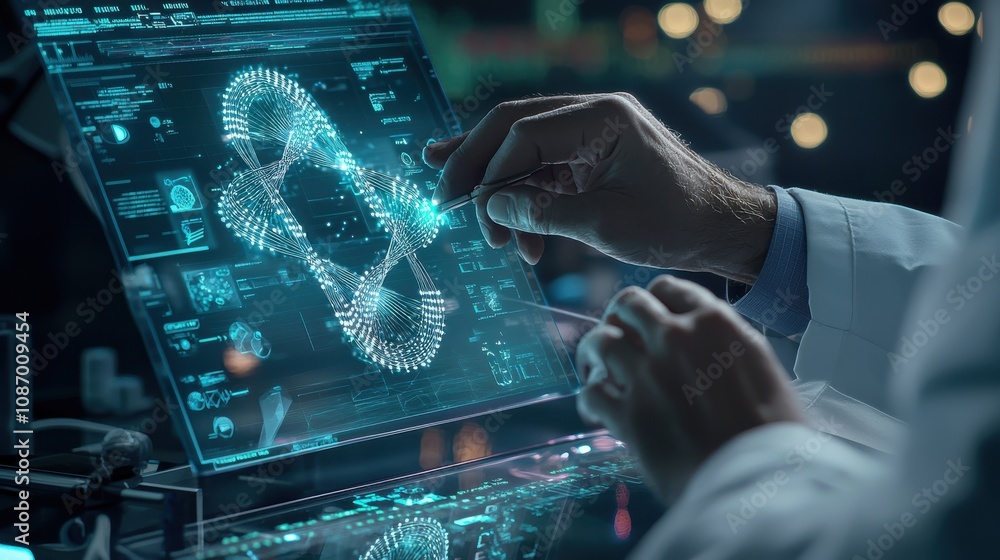 A futuristic image of a doctor 'cutting' a 3D DNA strand on a virtual interface, symbolizing genetic editing and biotechnology A futuristic image of a doctor 'cutting' a 3D DNA strand on a virtual interface, symbolizing genetic editing and biotechnology