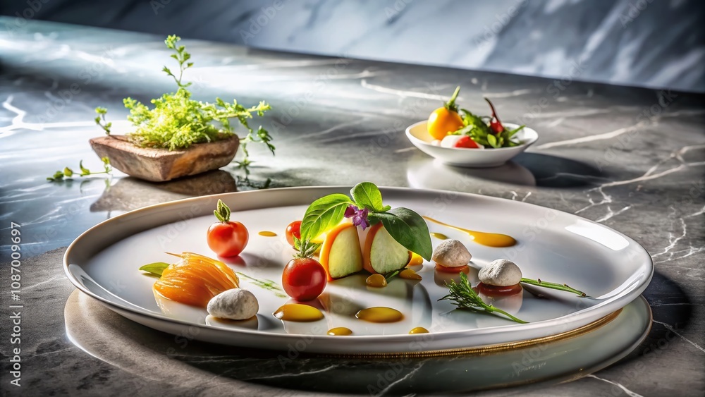 Exquisite Food Photography on Polished Marble Surface with Captivating Reflections and Dynamic Light Play, Highlighting the Beauty of Culinary Artistry Exquisite Food Photography on Polished Marble Surface with Captivating Reflections and Dynamic Light Play, Highlighting the Beauty of Culinary Artistry