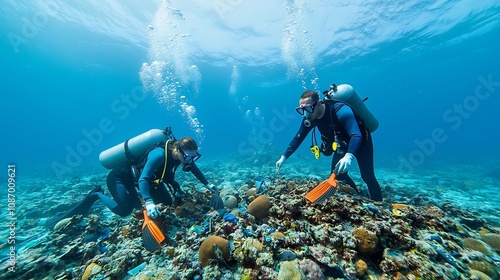 Wallpaper Mural Conservationists working underwater to clean debris from coral reef with soft natural lighting capturing a peaceful and serene marine environment Torontodigital.ca