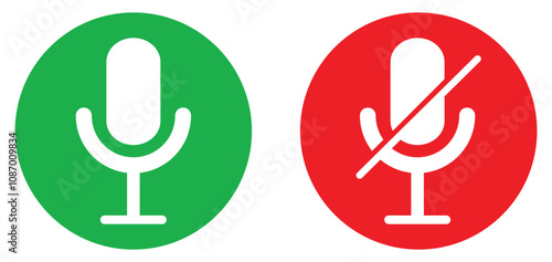 Microphone and muted microphone icon button, vector illustration on white background.