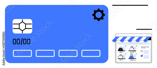 Credit card with security chip and gear icon beside an e-commerce storefront interface. Ideal for online shopping, digital security, e-commerce solutions, virtual markets, payment processing