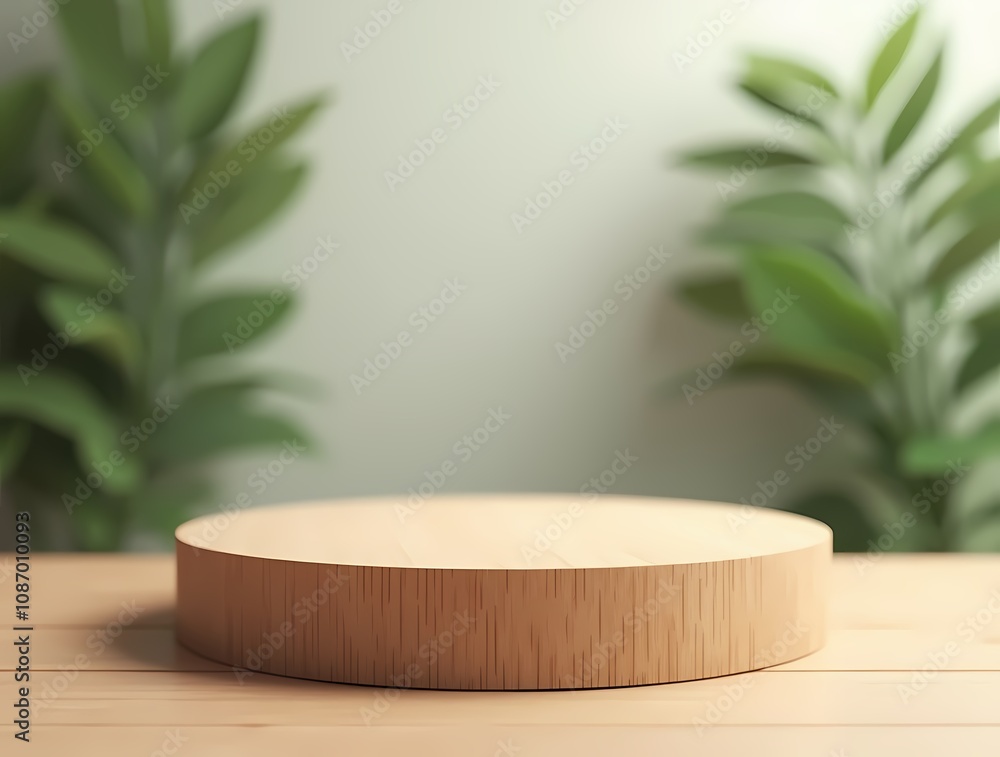 Wooden product display podium with blurred leaves background Wooden product display podium with blurred leaves background