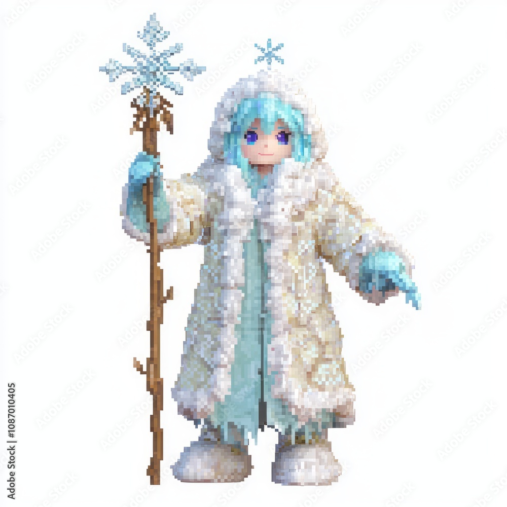 Frosty 8-bit Ice Mage NPC Character Model in Winter Coat Holding Snowflake Staff Frosty 8-bit Ice Mage NPC Character Model in Winter Coat Holding Snowflake Staff