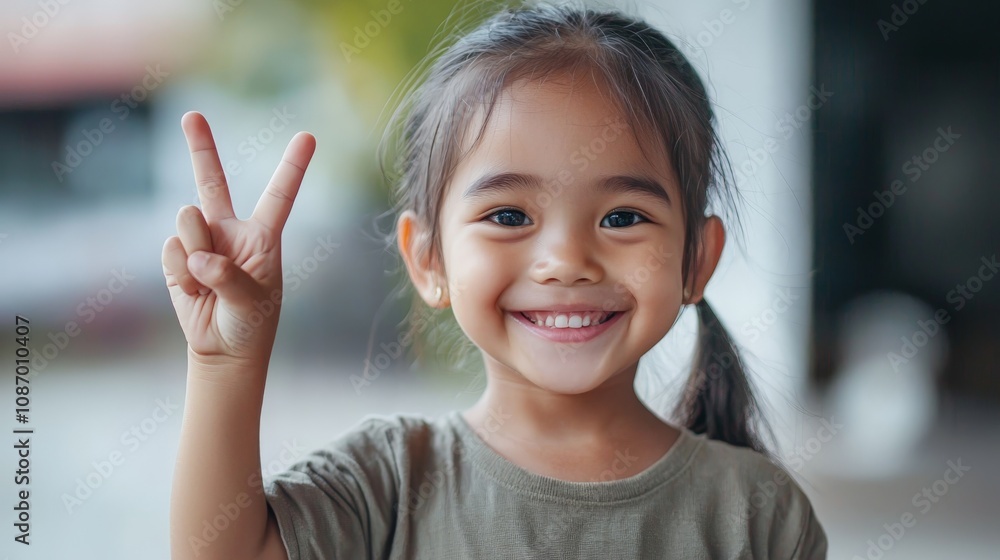 cheerful portrait of a young girl making a piece sign with her fingers cheerful portrait of a young girl making a piece sign with her fingers