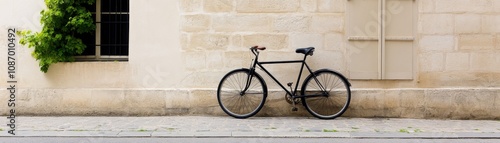 A sleek black bicycle parked against a textured wall in an urban setting.