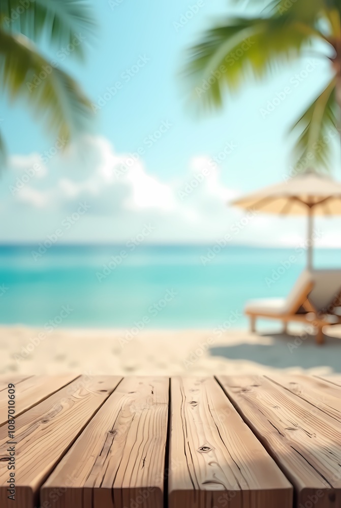 Fototapeta premium Wooden table top and blurred background with summer beach and sky for your product montage