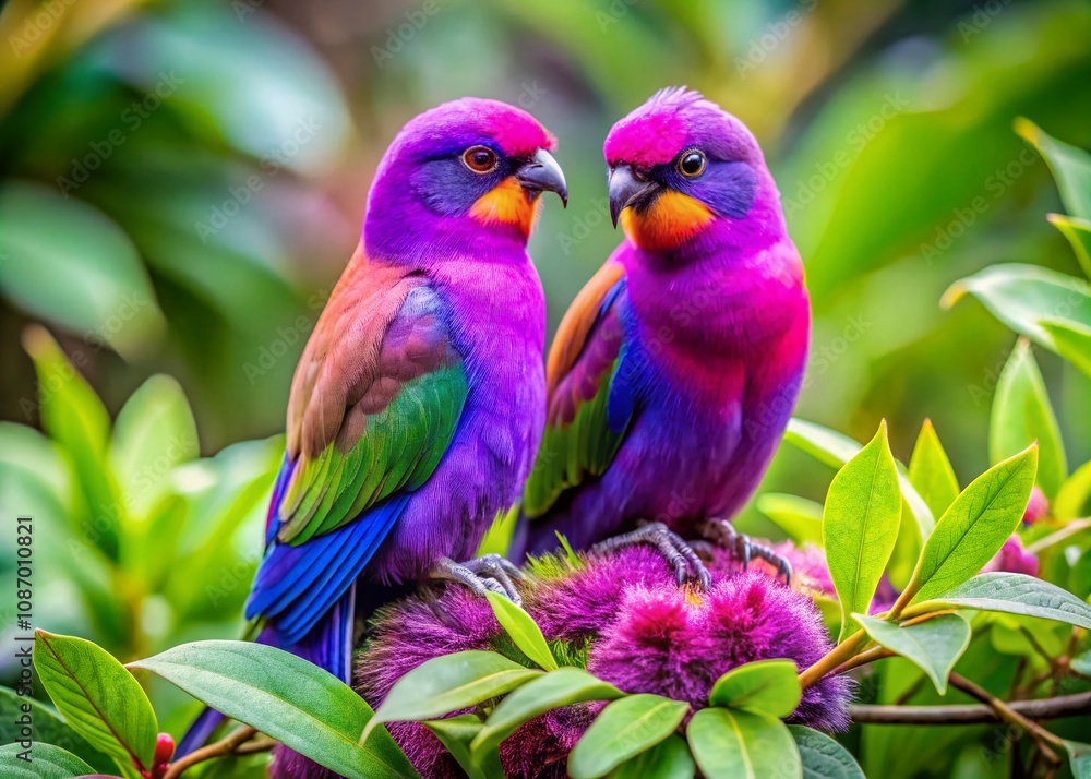 Fototapeta premium Panoramic View of Vibrant Purple Love Birds Nestled Amidst Lush Greenery in a Serene Natural Habitat, Capturing the Beauty of Nature and Avian Romance in Stunning Detail