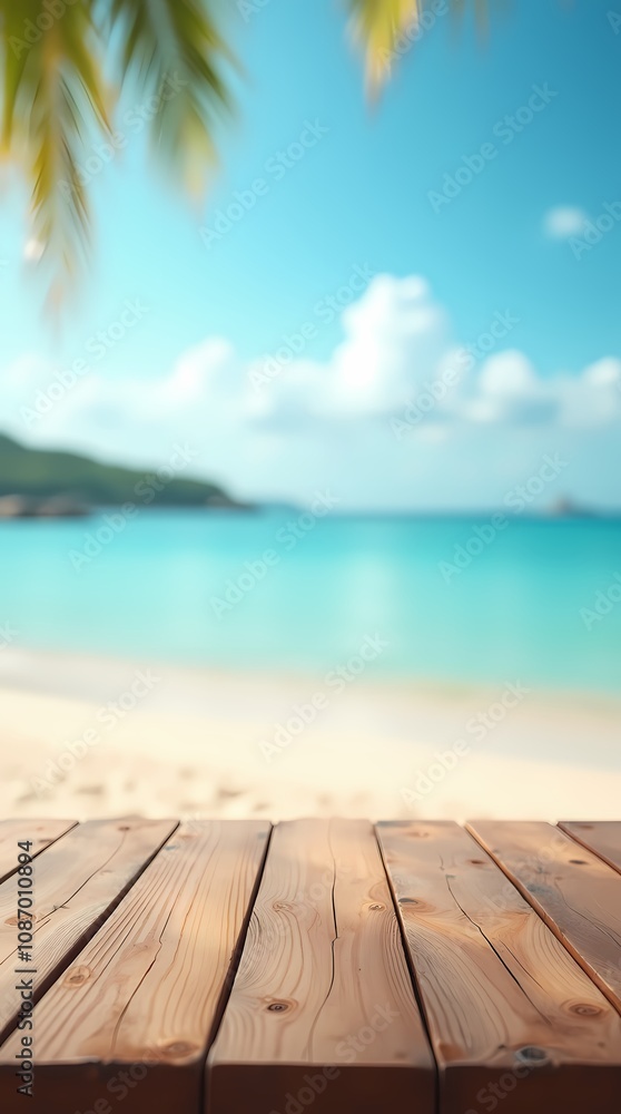 Fototapeta premium Wooden table top and blurred background with summer beach and sky for your product montage