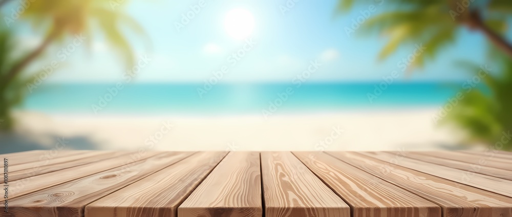 Wooden table top and blurred background with summer beach and sky for your product montage Wooden table top and blurred background with summer beach and sky for your product montage