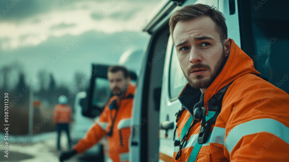 Paramedic ambulance emergency vehicle with team of men Paramedic ambulance emergency vehicle with team of men