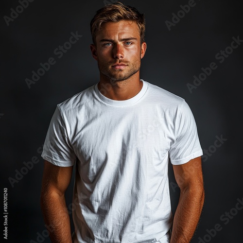 half body studio portrait of a male model wearing a plain white t-shirt