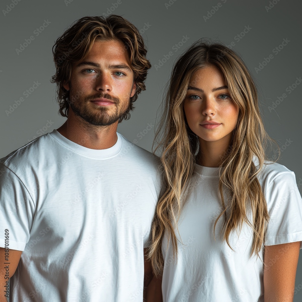 studio portrait of a young beautiful couple, both wearing plain white t-shirts - fashion mockup studio portrait of a young beautiful couple, both wearing plain white t-shirts - fashion mockup