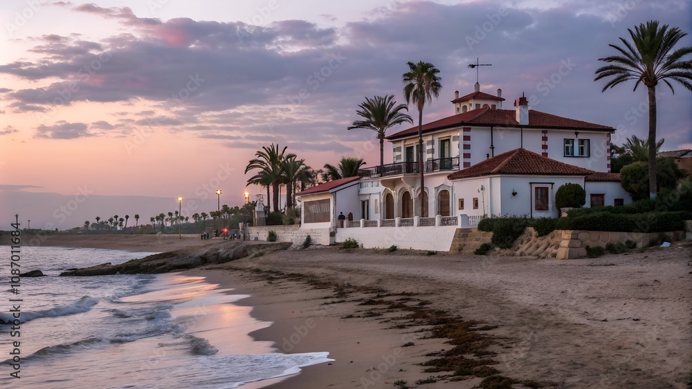 Obraz premium Spanish villa architecture right on the beach with amazing oceans views at dusk