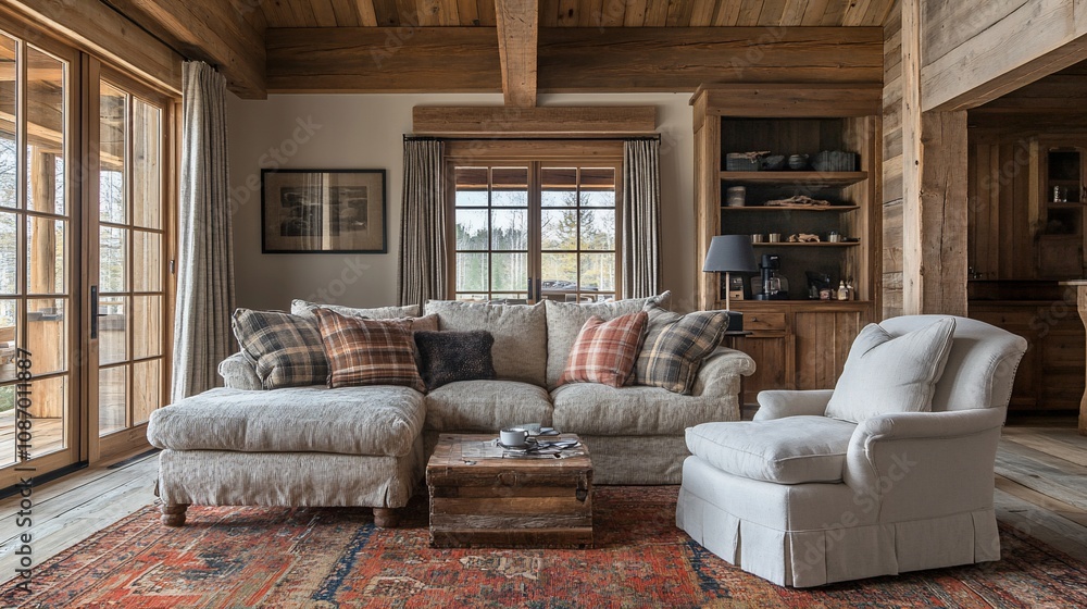 Cozy living room with rustic furniture and wood beams. Cozy living room with rustic furniture and wood beams.