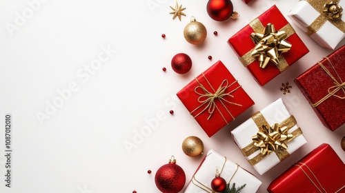 Modern 'Boxing Day Sale' design with minimalist holiday decorations, a few stylishly wrapped gifts, and space for text overlay on a clean white background