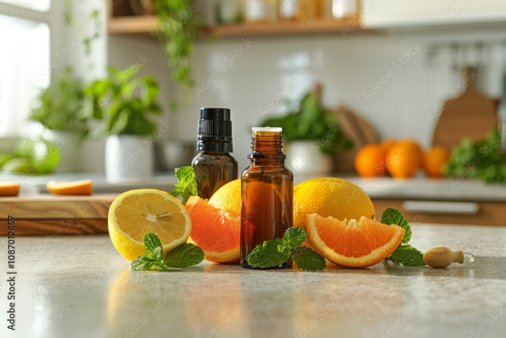 Close-Up Shot of Essential Oil Bottles Surrounded by Fresh Citrus Fruits Like Lemons and Oranges on a Bright Kitchen Countertop Close-Up Shot of Essential Oil Bottles Surrounded by Fresh Citrus Fruits Like Lemons and Oranges on a Bright Kitchen Countertop