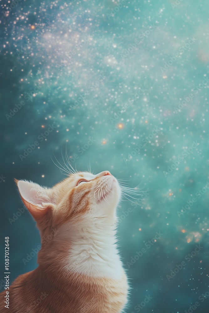 Side view of an orange cat watching the Universe. Cute, dreamy, nostalgic concept.