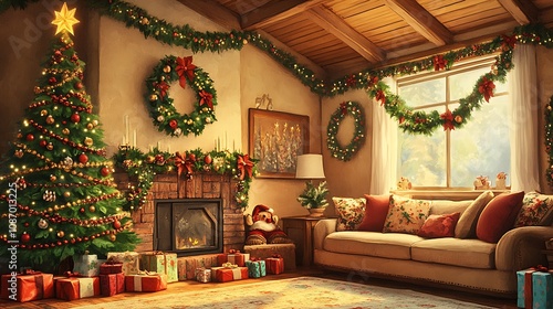 Watercolor-style cozy Christmas living room with a decorated tree, soft pillows, and festive garlands in warm reds and greens