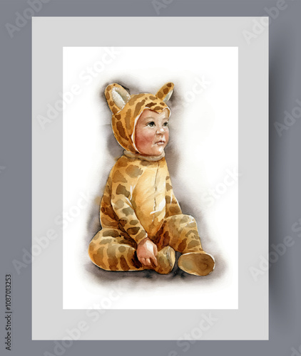 Baby in leopard clothes with spots on body and head sits on floor on print. Watercolor poster. Artwork with carefree baby in wild cat masquerade costume, in frame with decor for wall art