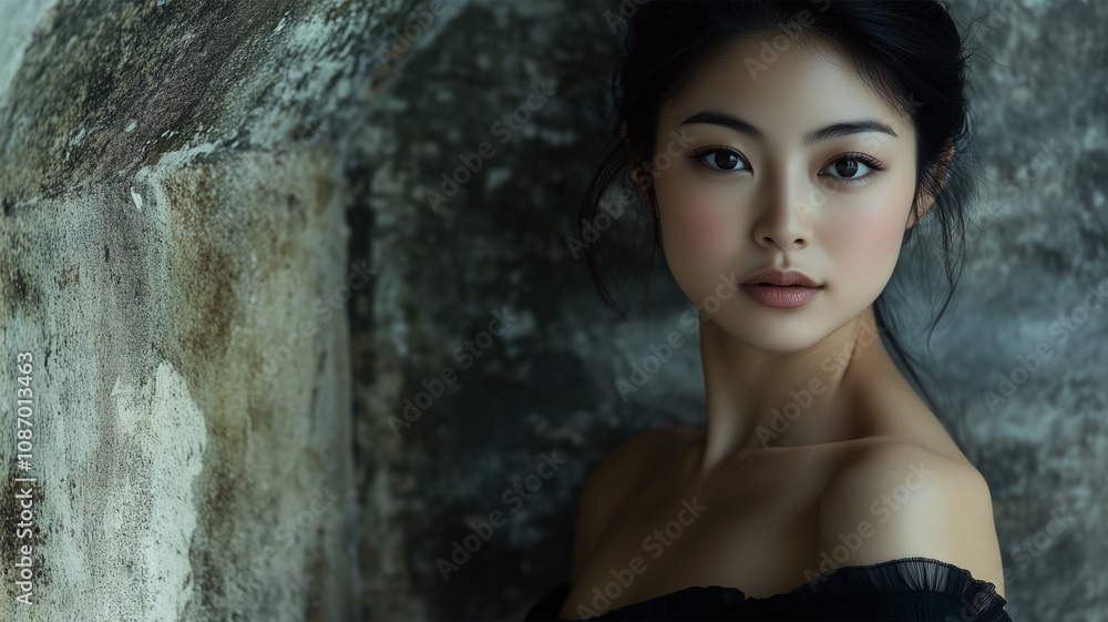 Fototapeta premium 黒のオフショルダードレスを着た日本人女性のポートレート