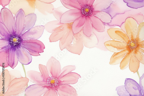 A watercolor painting of a floral pattern with pink, purple, and yellow flowers